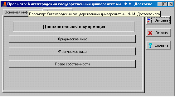 Страница дополнительной информации окна просмотра данных.