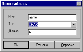 Окно создания поля таблицы.