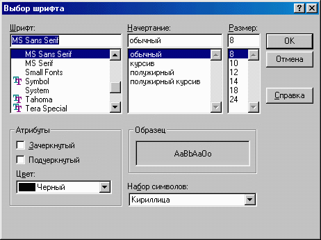 Окно настройки шрифта.